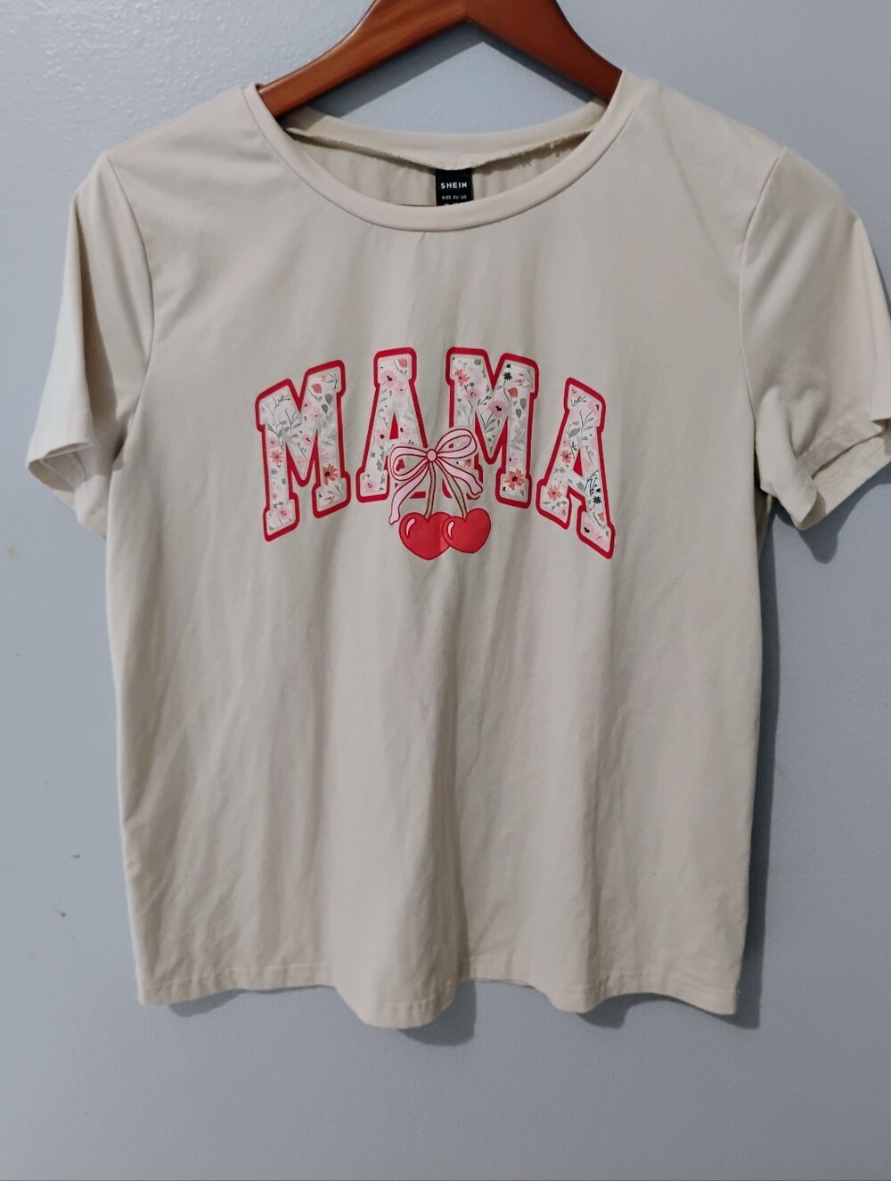 SHEIN Cream 'MAMA' Graphic Tee with Cherry Accent